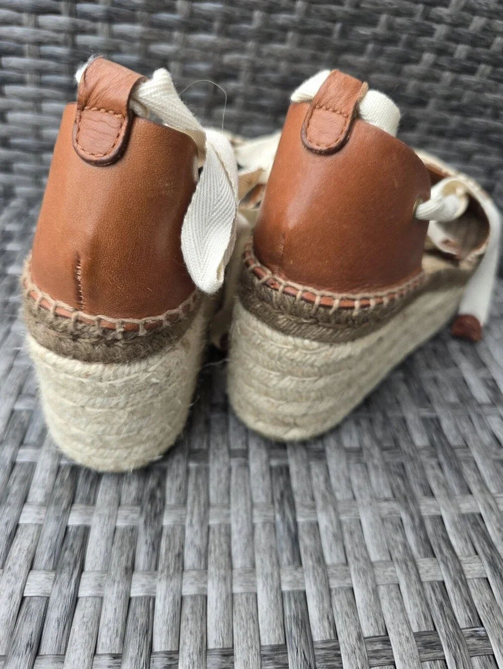 Tory Burch T-Monogram Espadrille Wedge Platform Ankle Tie Logo Brown Canvas Sz 8